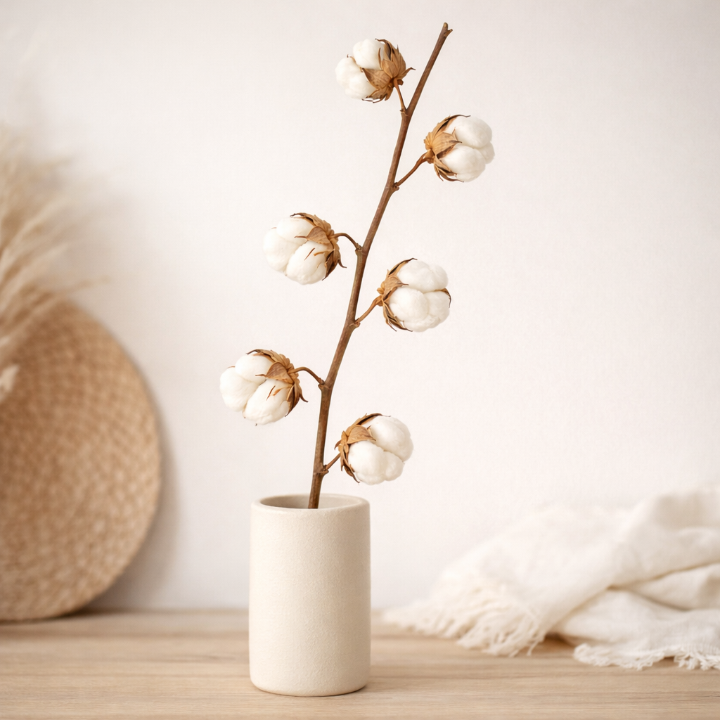 Baumwollzweig Natur 65–75cm • Getrocknet • 6 Dolden • Boho Deko Zweig Vase DIY