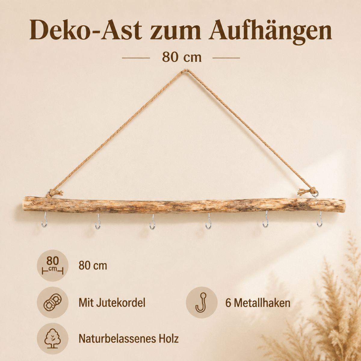 Deko-Ast zum Aufhängen: Treibholz, 50 oder 80 cm, Haken